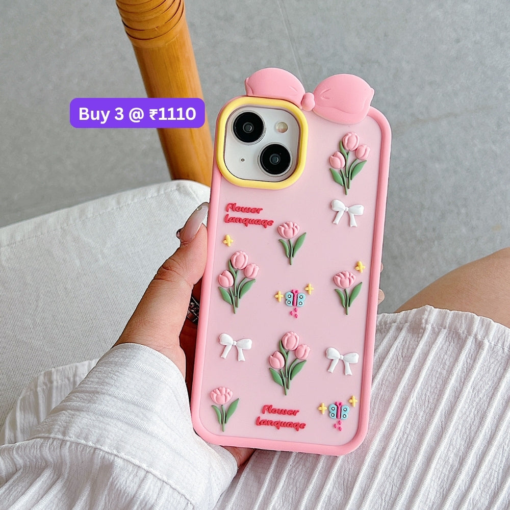 Bow Tulip Flower Sillicone Soft Phone Case | Mobile Cover - iPhone 16 Pro Max