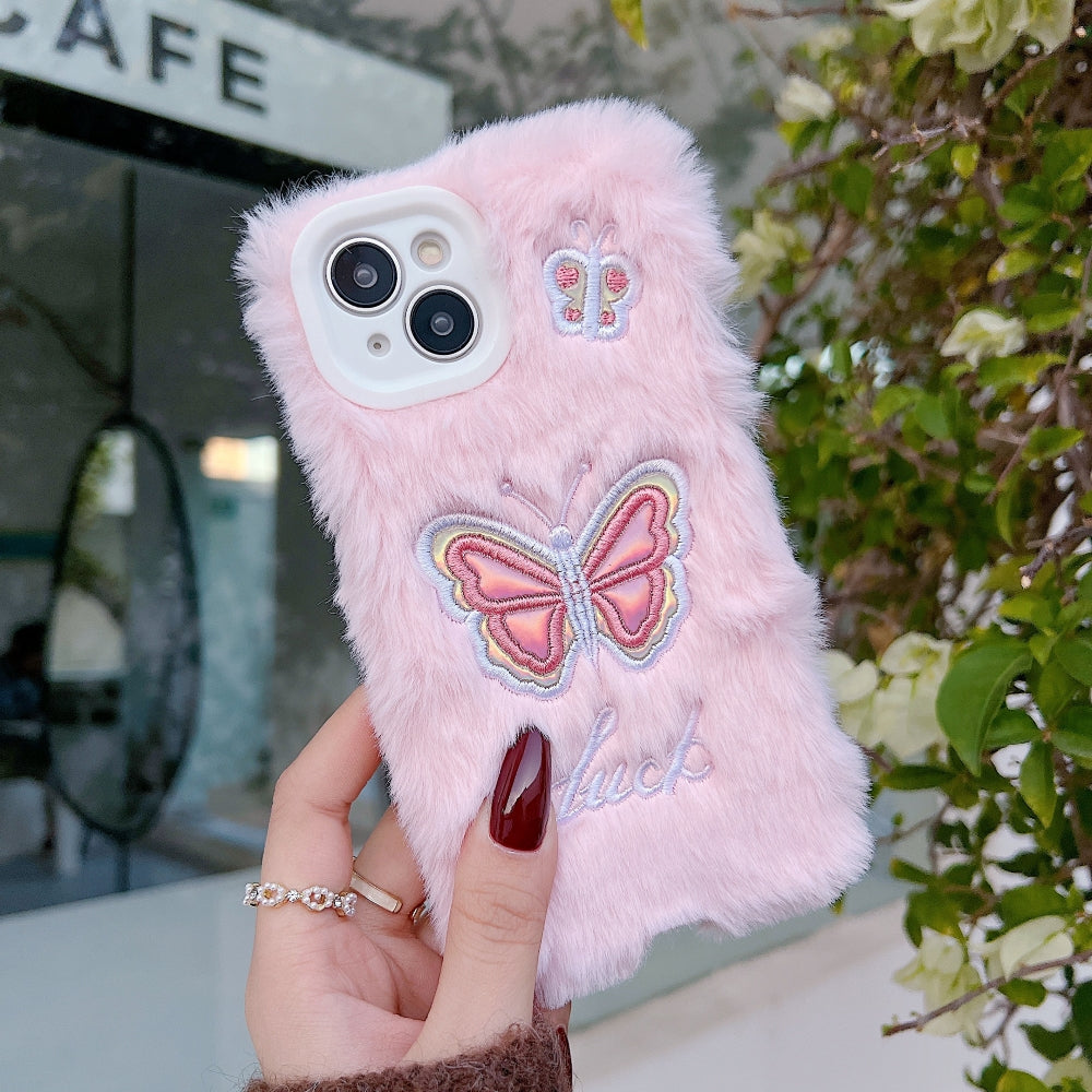 Butterfly Embroided Camera Protection Fur Phone Case
