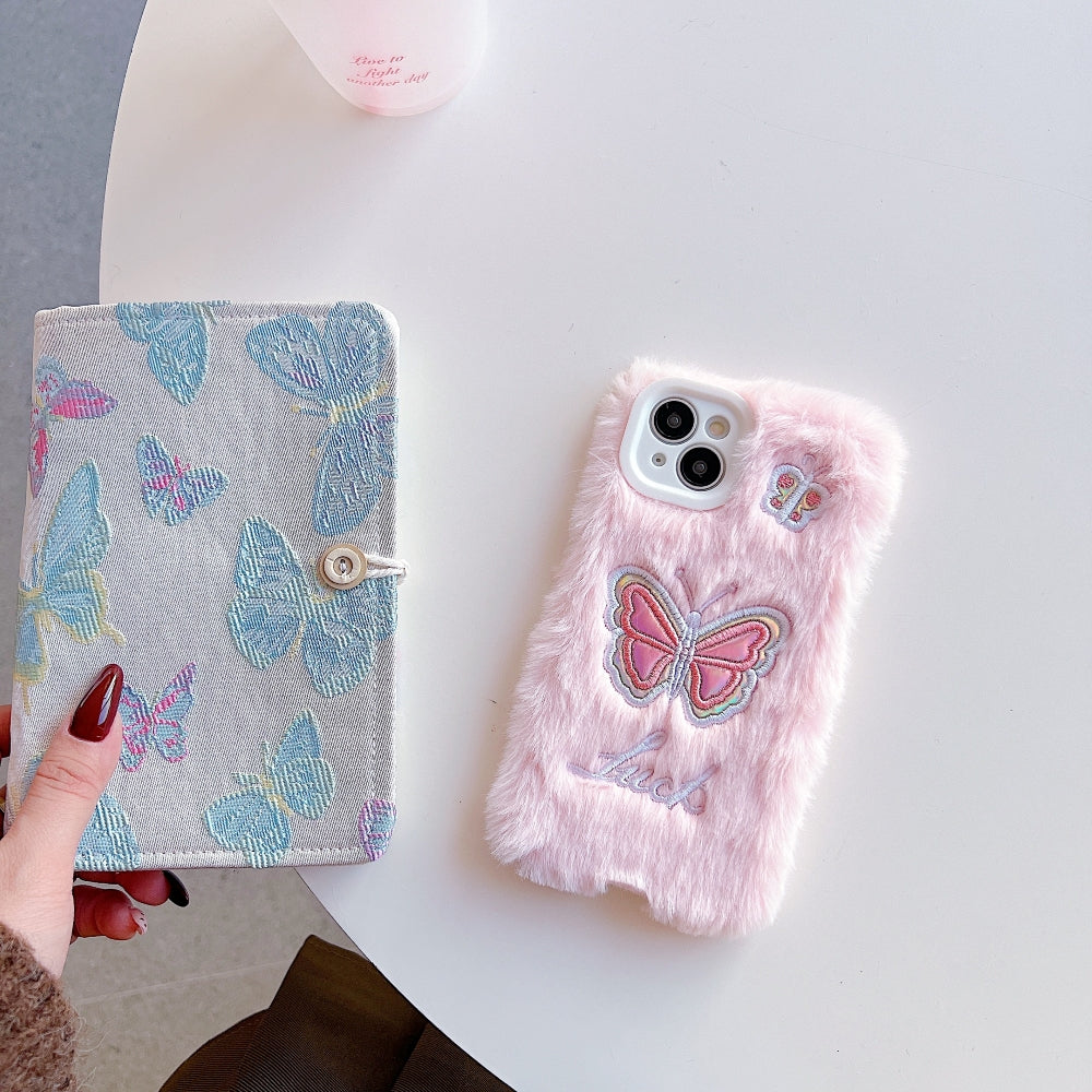 Butterfly Embroided Camera Protection Fur Phone Case