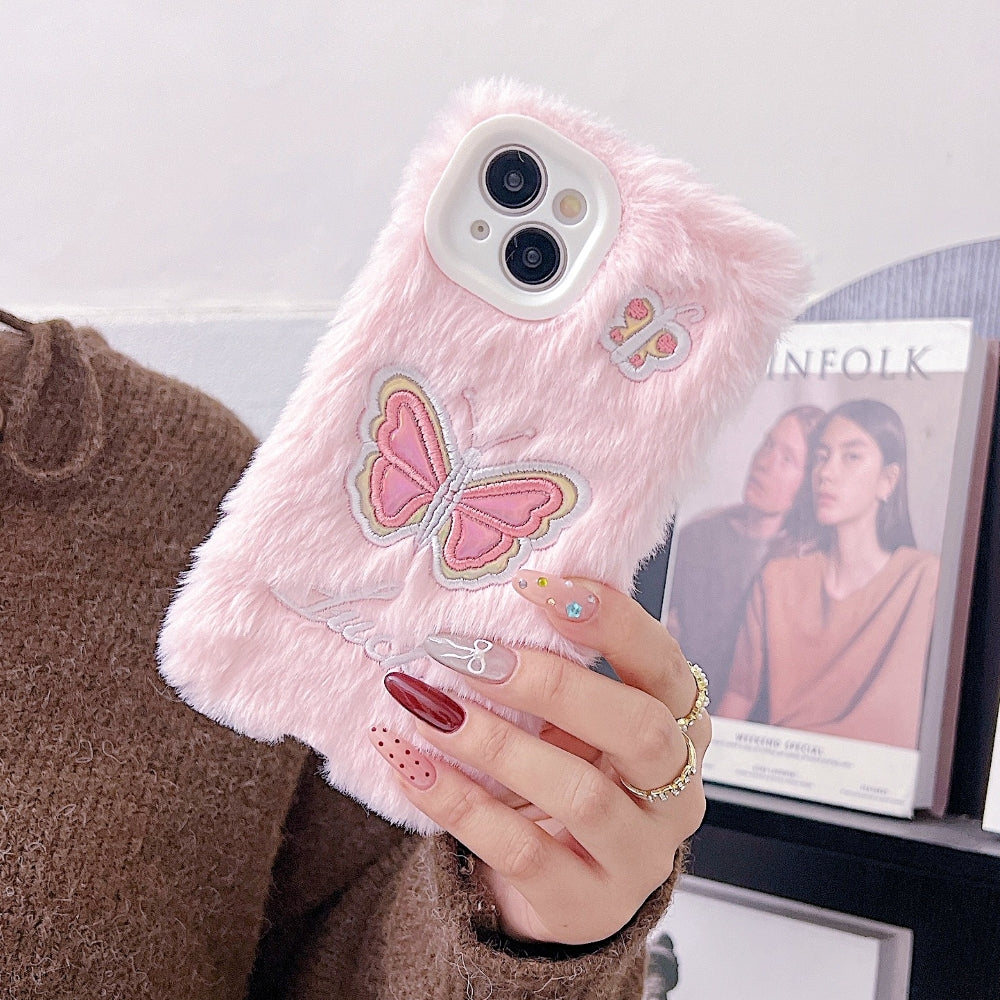 Butterfly Embroided Camera Protection Fur Phone Case