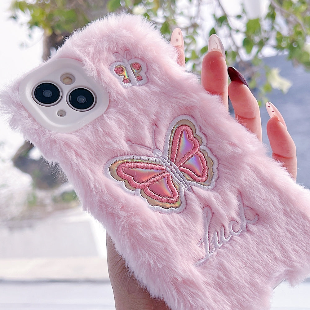 Butterfly Embroided Camera Protection Fur Phone Case