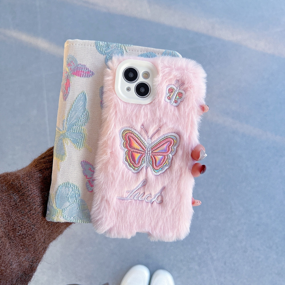 Butterfly Embroided Camera Protection Fur Phone Case