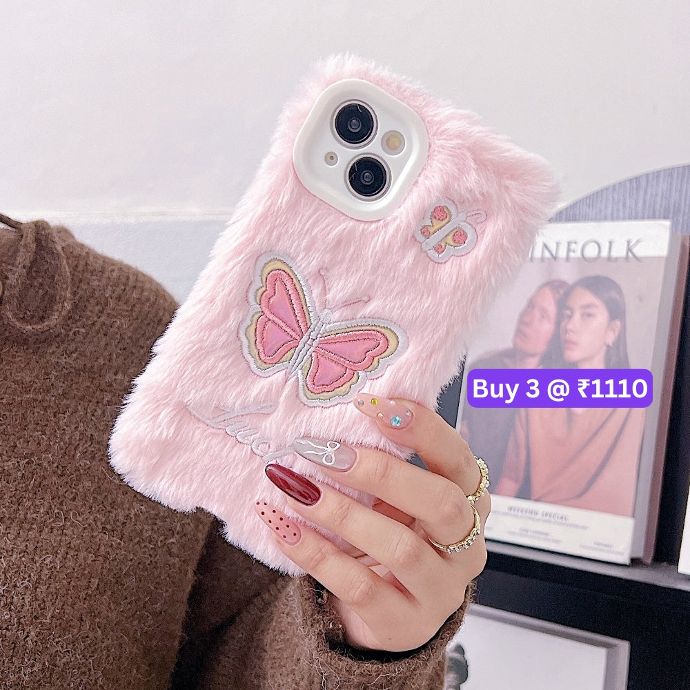 Butterfly Embroided Camera Protection Fur Phone Case - iPhone 15 Plus