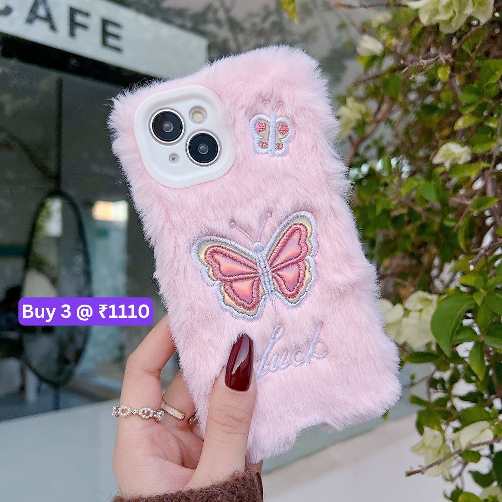 Butterfly Embroided Camera Protection Fur Phone Case - iPhone 16