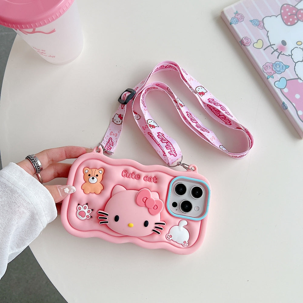Cartoon Kitty Stand Silicone Phone Case with Shoulder Strap