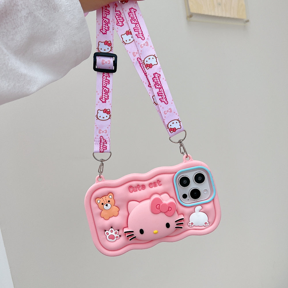 Cartoon Kitty Stand Silicone Phone Case with Shoulder Strap