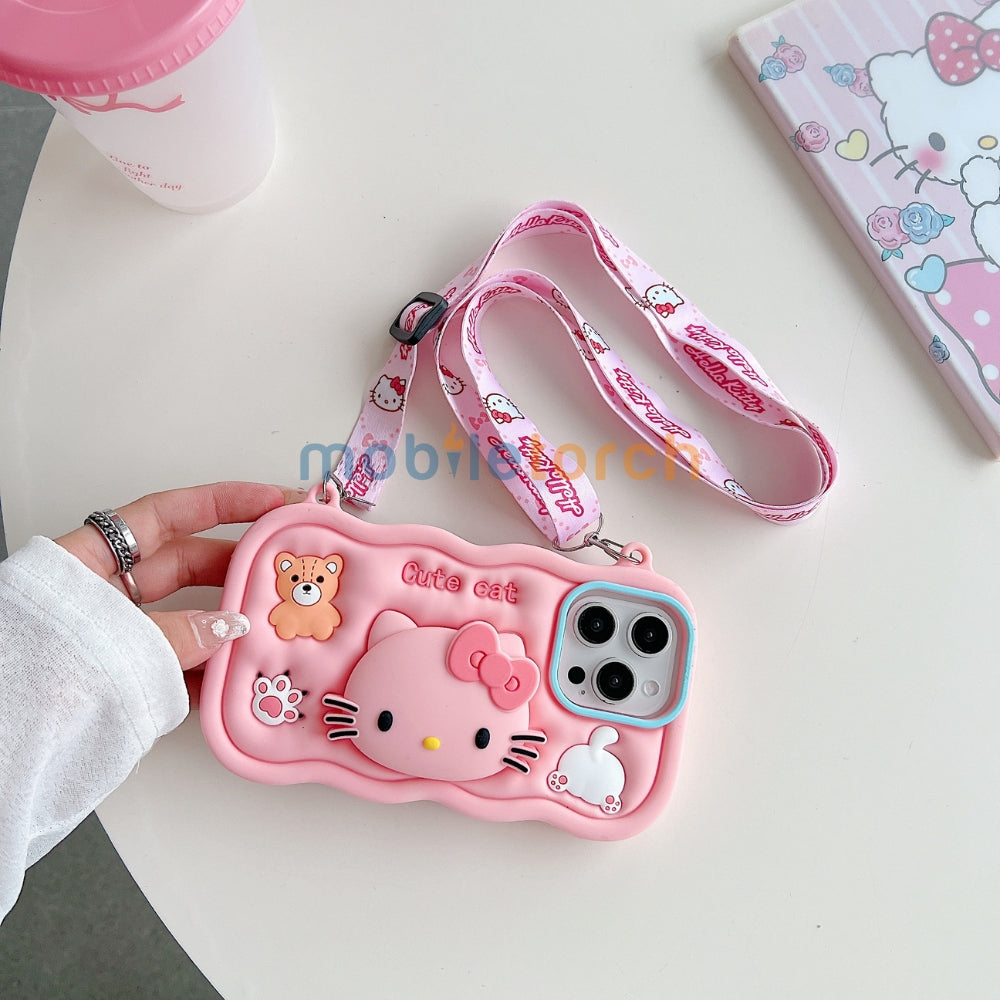 Cartoon Kitty Stand Silicone Pone Case with Shoulder Strap | Mobile Cover - iPhone 13 Pro Max