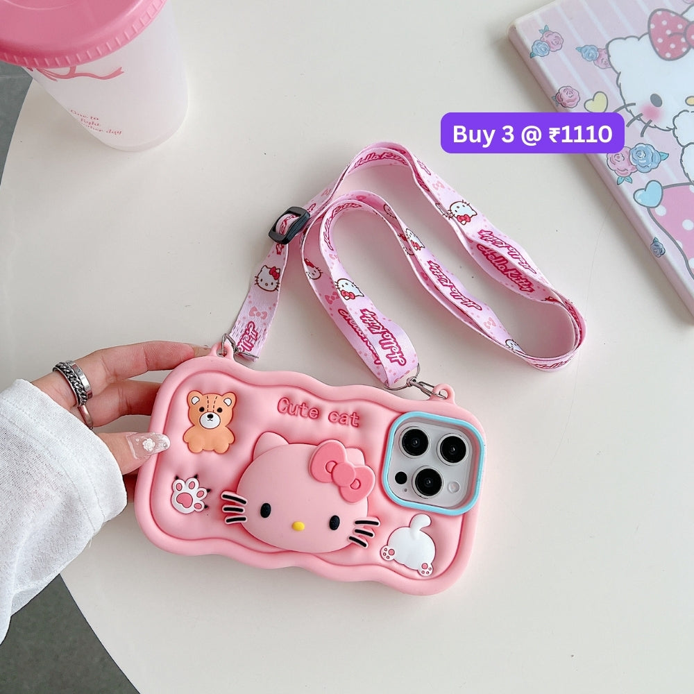 Cartoon Kitty Stand Silicone Pone Case with Shoulder Strap | Mobile Cover - iPhone 13