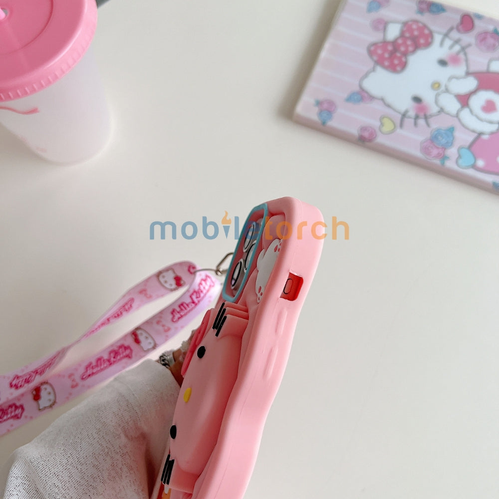 Cartoon Kitty Stand Silicone Pone Case with Shoulder Strap | Mobile Cover - iPhone 13 Pro Max