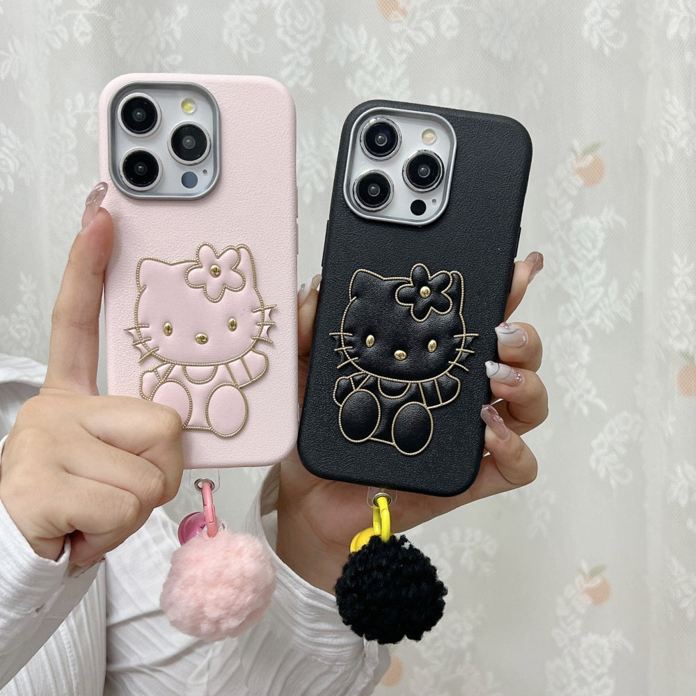 Cat Fur Ball Charm Leather Phone Case