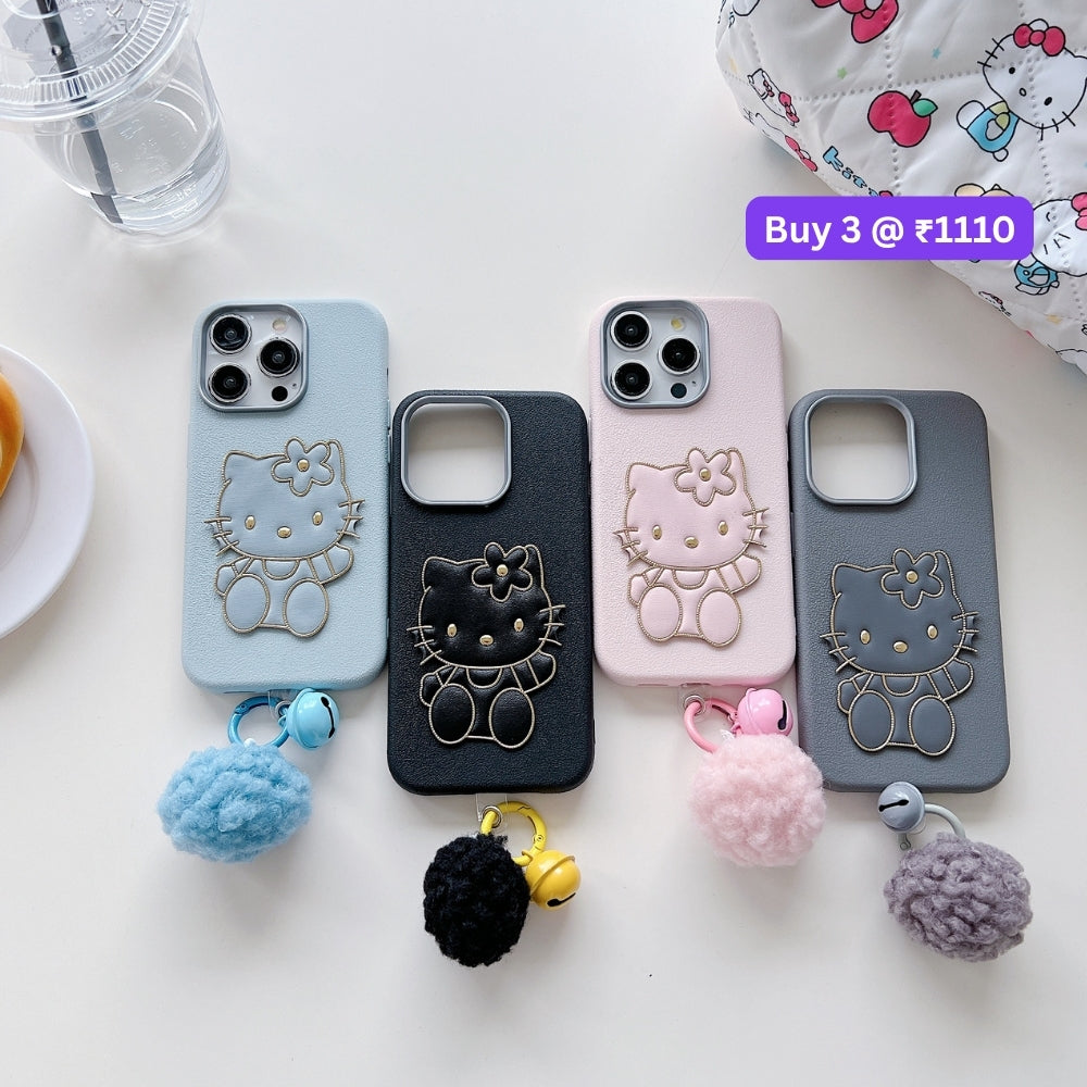 Cat Fur Ball Charm PU Leather Phone Case | Mobile Cover - iPhone 14 Pro Max