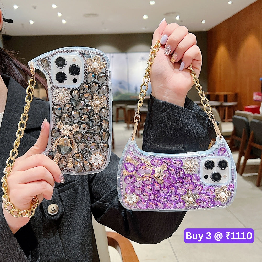 Colorful Diamond Phone Case With Metal Chain Strap - iPhone 15
