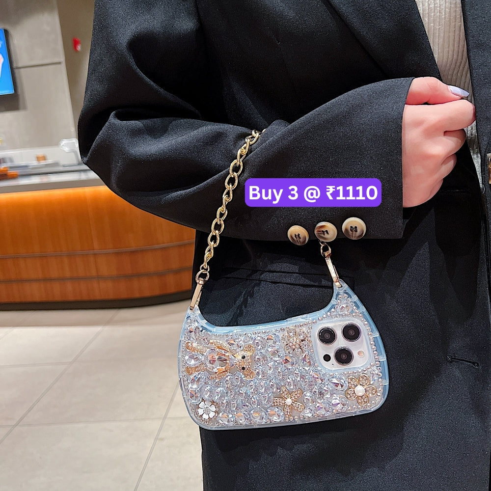 Colorful Diamond Phone Case With Metal Chain Strap - iPhone 15