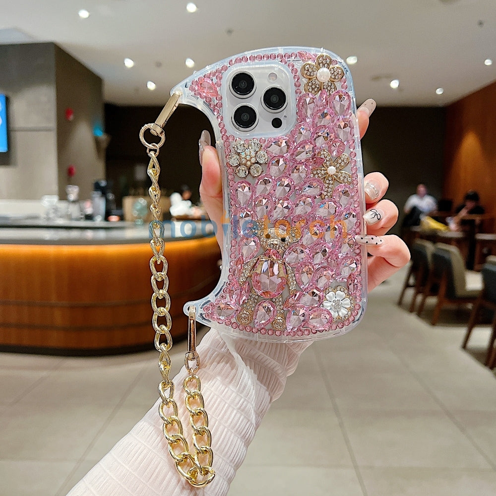 Colorful Diamond Phone Case With Metal Chain Strap - iPhone 14
