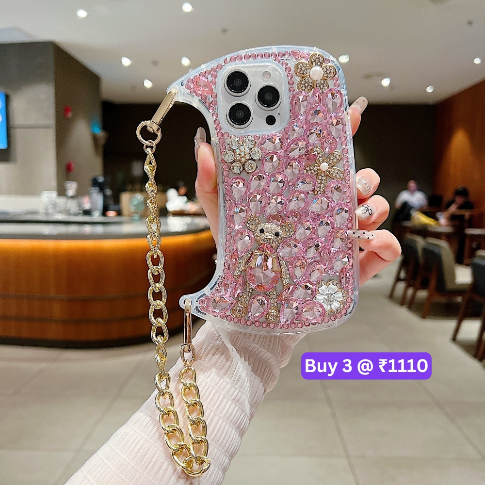 Colorful Diamond Phone Case With Metal Chain Strap - iPhone 15