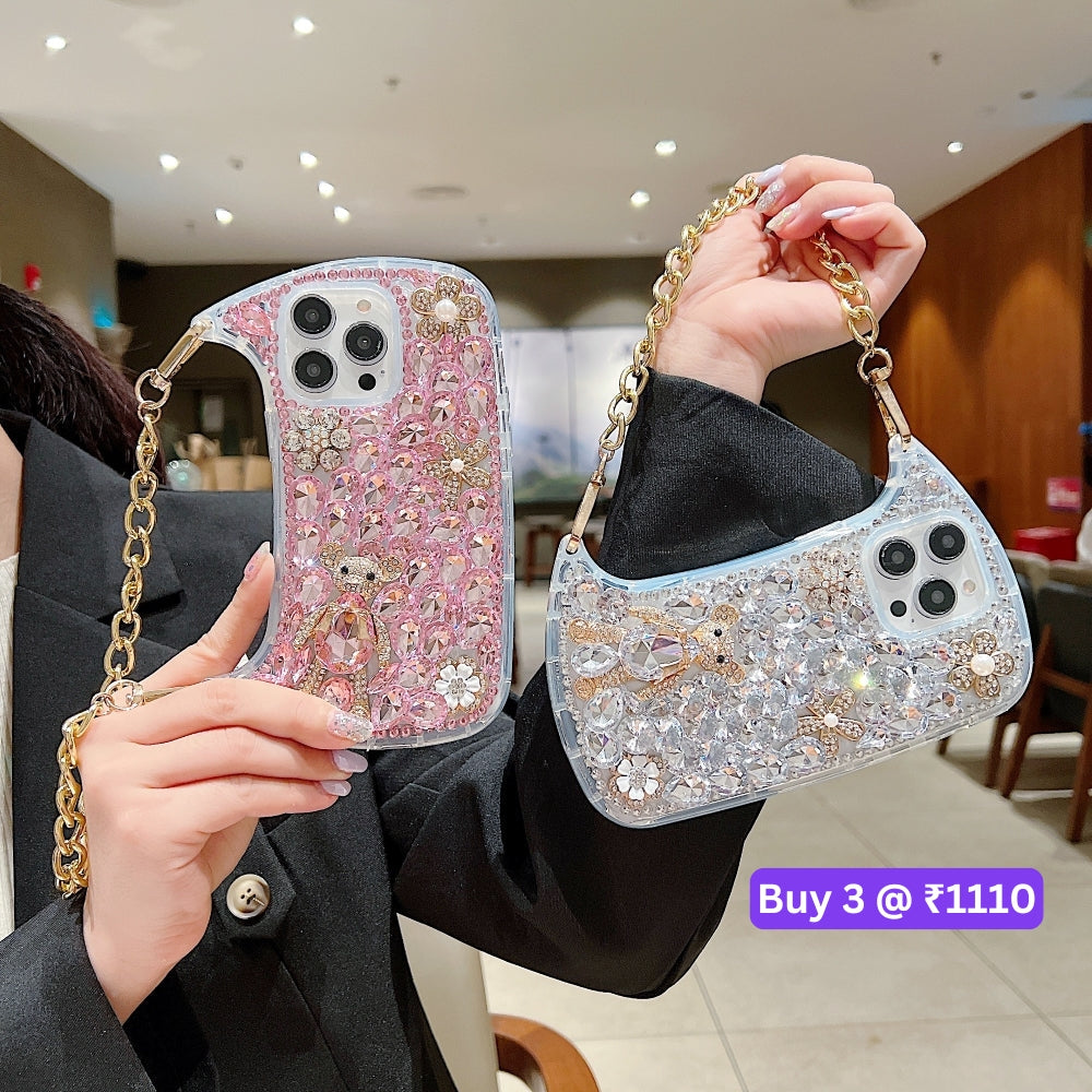 Colorful Diamond Phone Case With Metal Chain Strap - iPhone 15