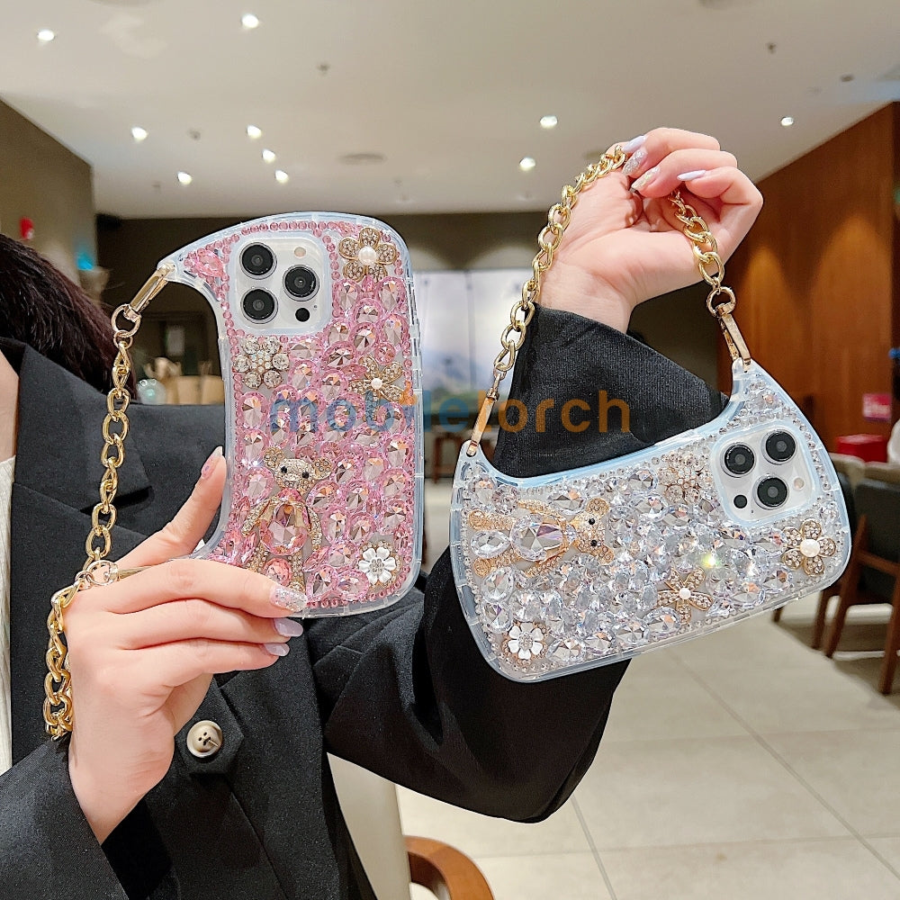 Colorful Diamond Phone Case With Metal Chain Strap - iPhone 14