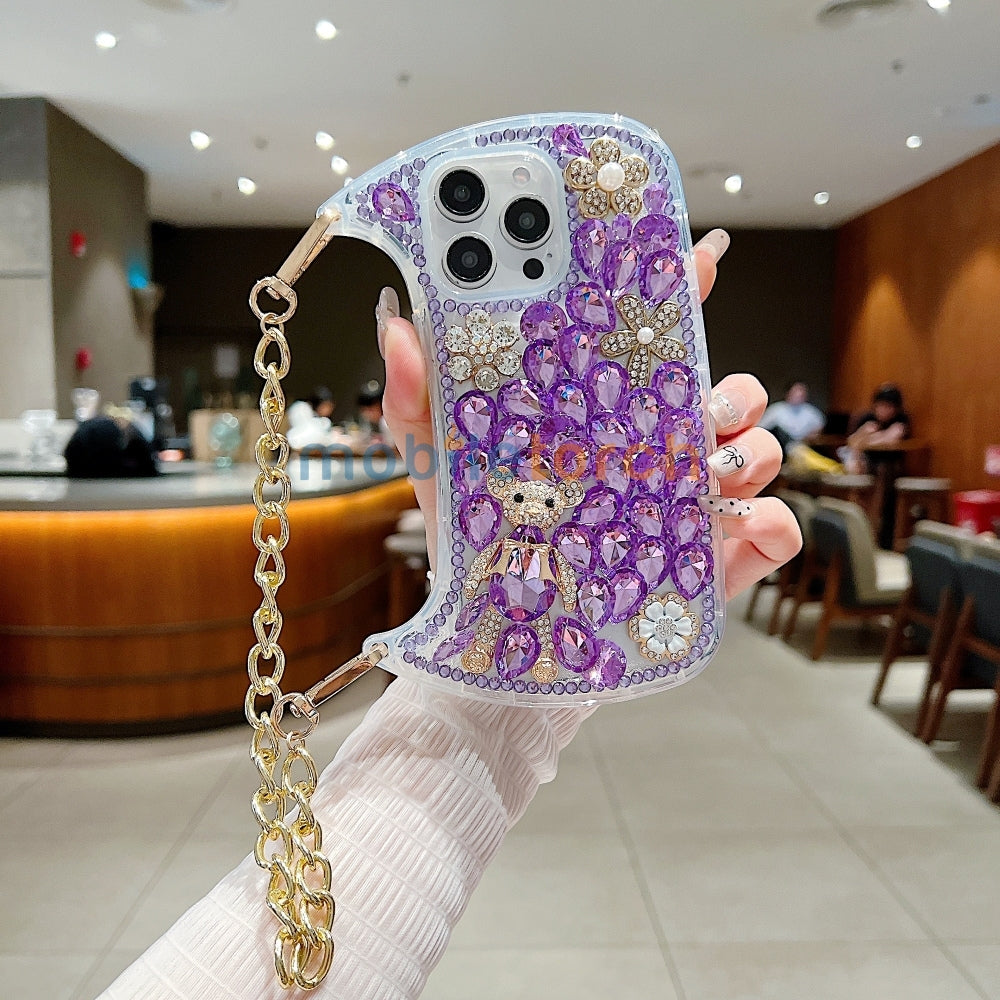Colorful Diamond Phone Case With Metal Chain Strap - iPhone 14