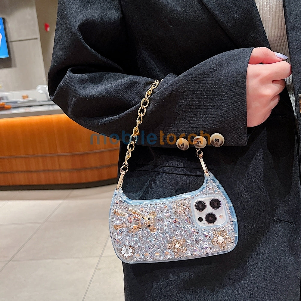 Colorful Diamond Phone Case With Metal Chain Strap - iPhone 14