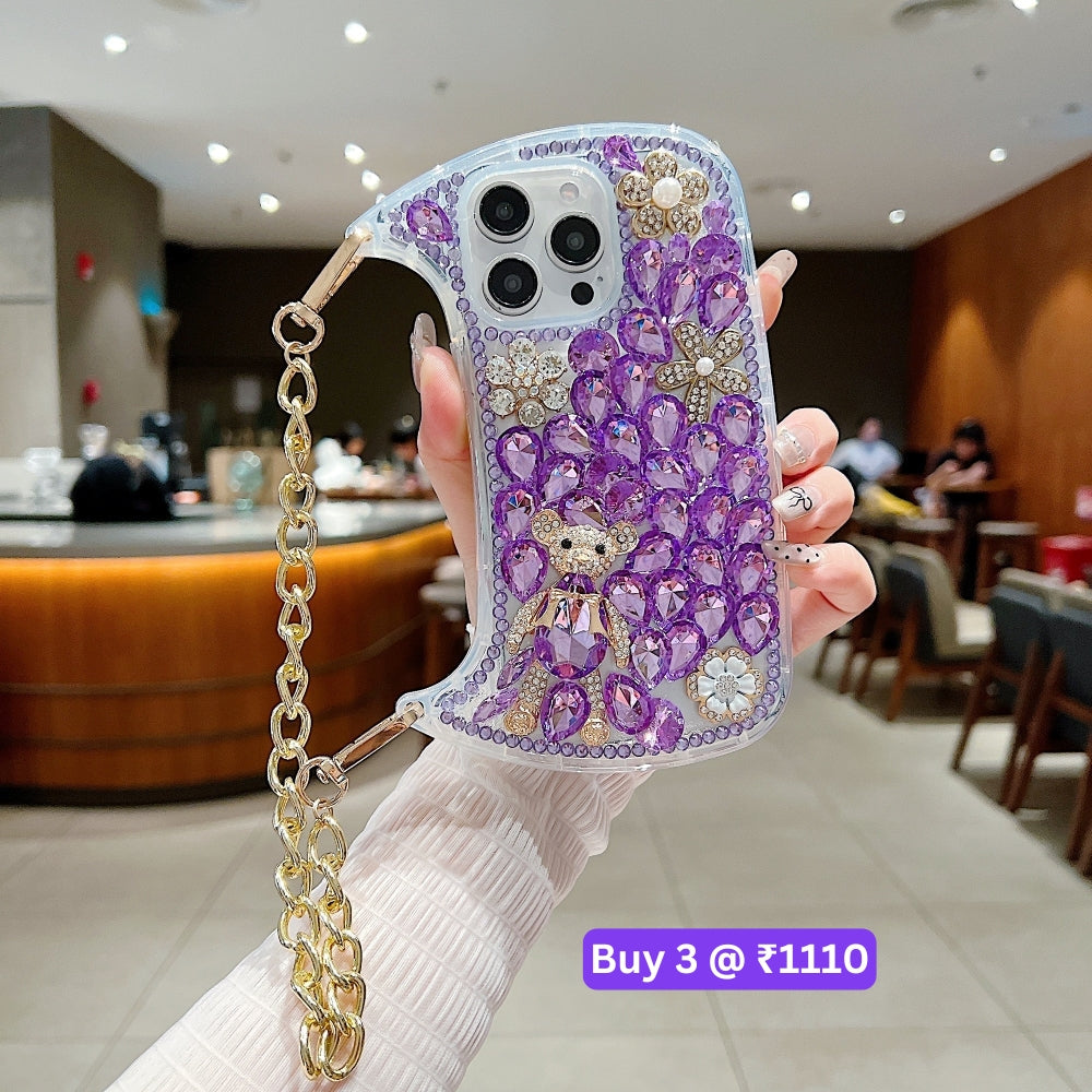 Colorful Diamond Phone Case With Metal Chain Strap - iPhone 15
