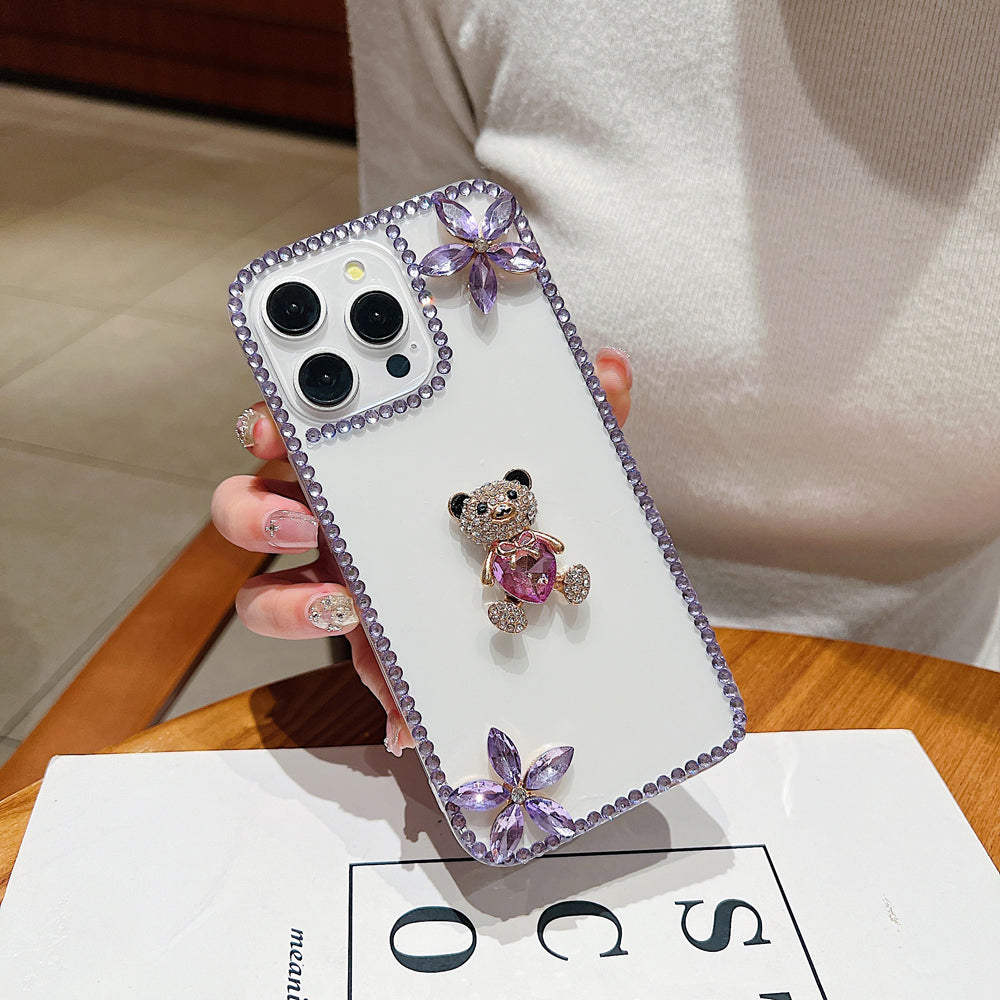 Crystal Stone Bear Heart Bling Flower Transparent Phone Case - Samsung S22 Ultra