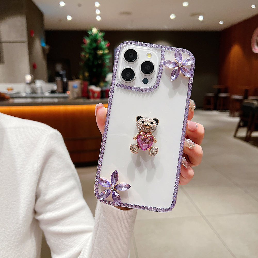 Crystal Stone Bear Heart Bling Flower Transparent Phone Case - Samsung S22 Ultra