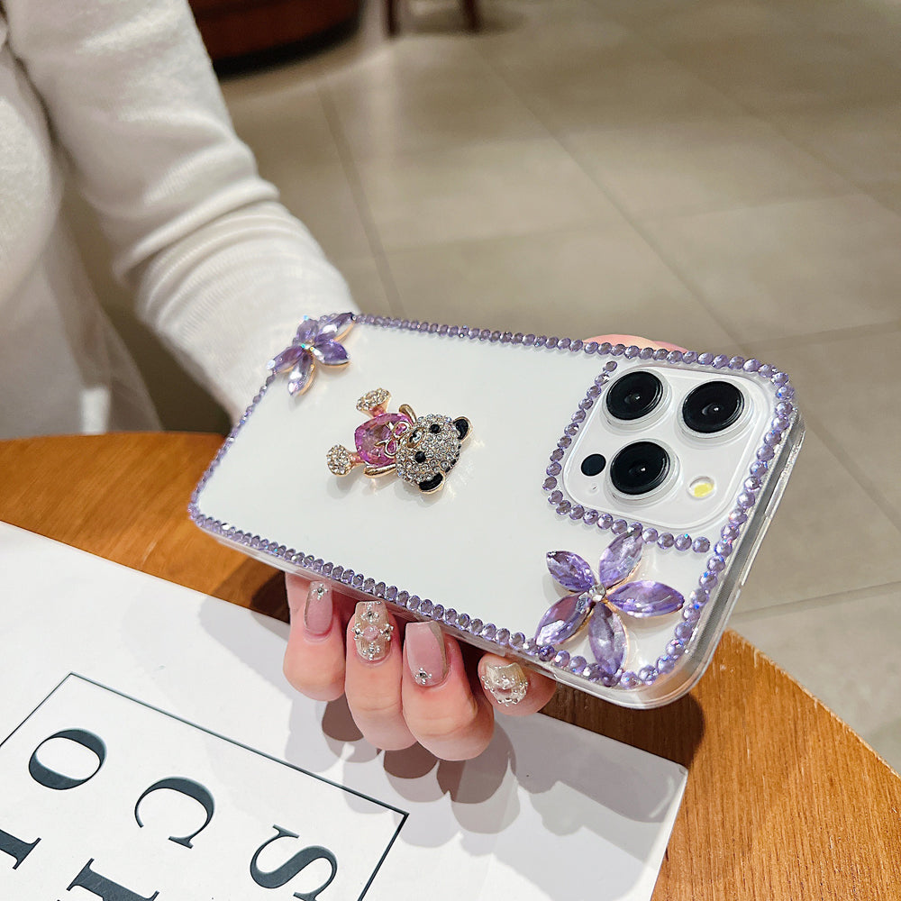 Crystal Stone Bear Heart Bling Flower Transparent Phone Case - Samsung S22 Ultra