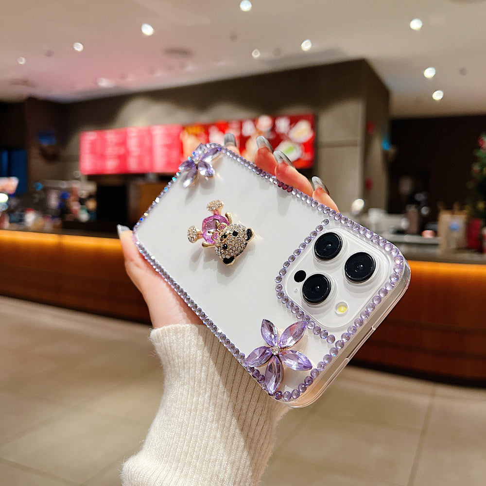Crystal Stone Bear Heart Bling Flower Transparent Phone Case - Samsung S22 Ultra