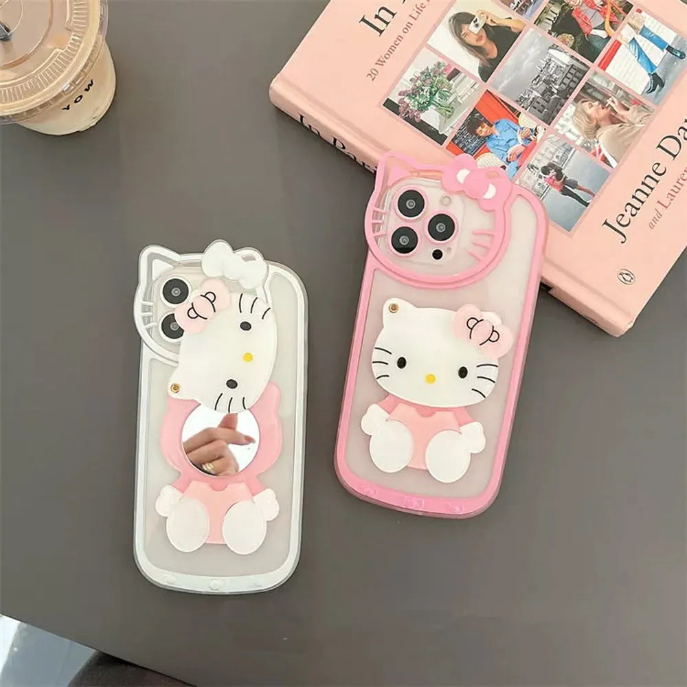 Cute Cat Shockproof Silicone Cover With Mirror - iPhone 14 Pro