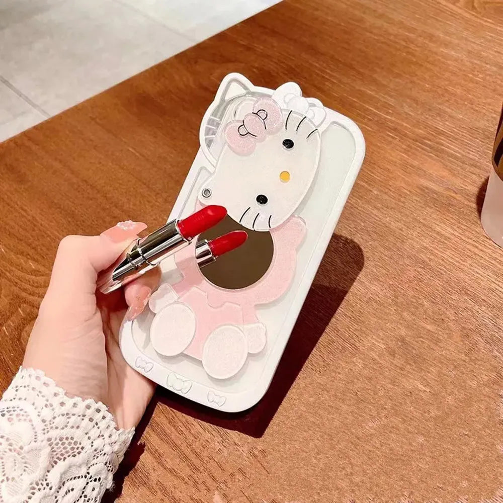 Cute Cat Shockproof Silicone Cover With Mirror - iPhone 14 Pro