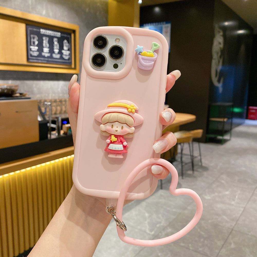 Cute Girl Cartoon 3D Princess Colored Phone Case with Heart Shape Bracelet