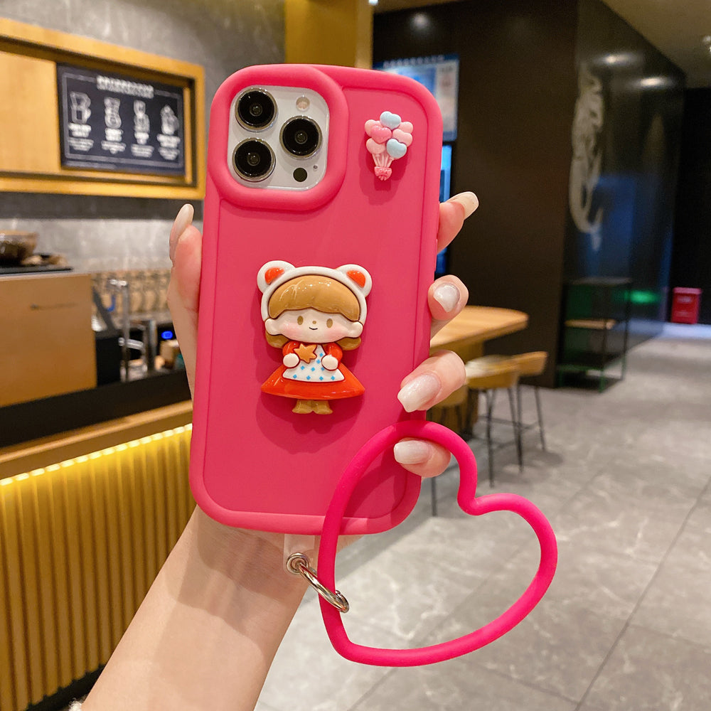 Cute Girl Cartoon 3D Princess Colored Phone Case with Heart Shape Bracelet