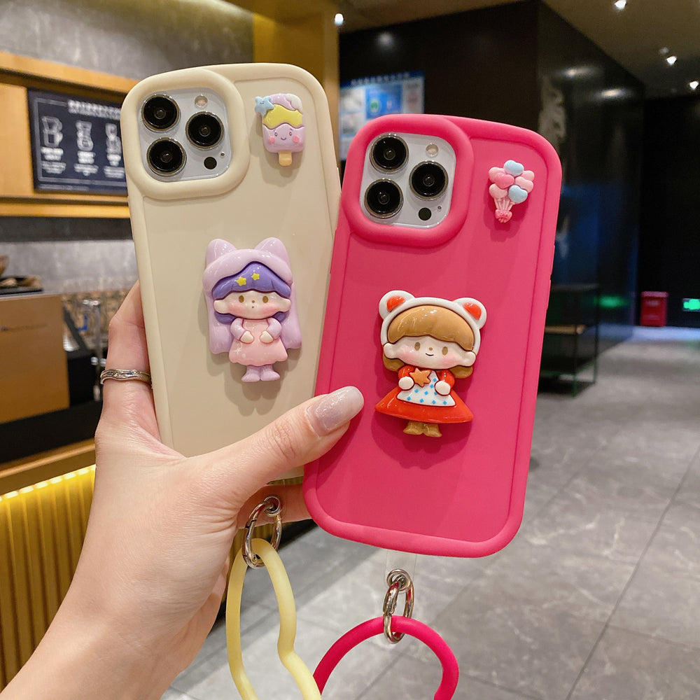 Cute Girl Cartoon 3D Princess Colored Phone Case with Heart Shape Bracelet