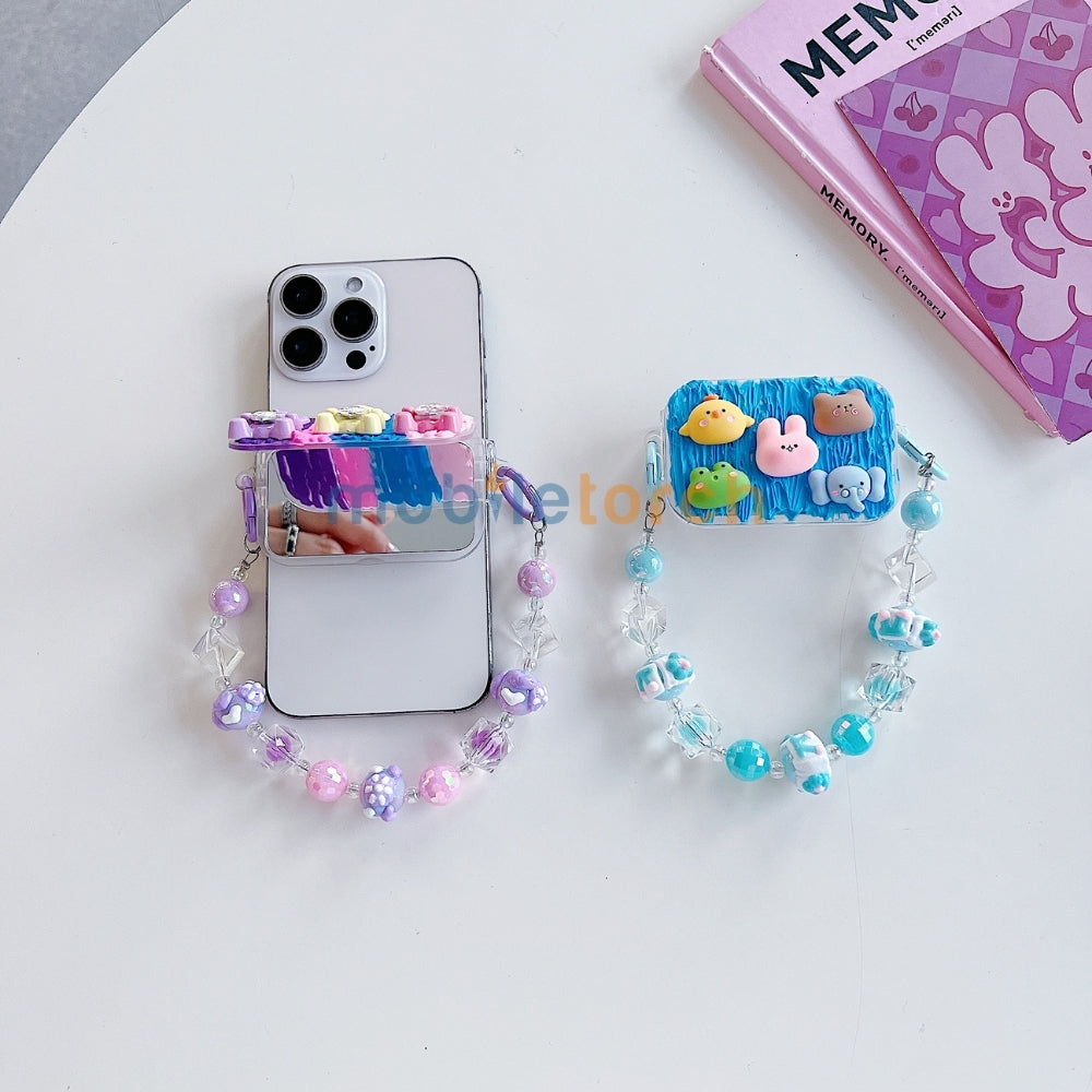 Cute Mini Cartoon Toy Flip Mirror Universal Stand with Crystal Bracelet
