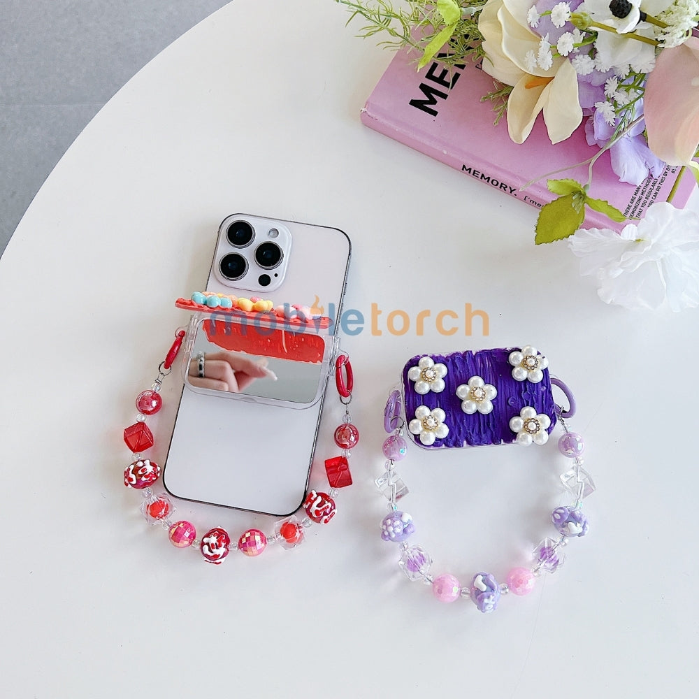 Cute Mini Cartoon Toy Flip Mirror Universal Stand with Crystal Bracelet