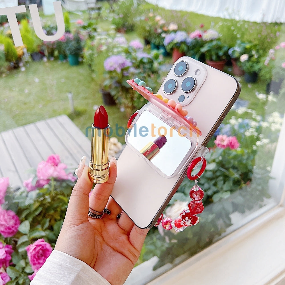 Cute Mini Cartoon Toy Flip Mirror Universal Stand with Crystal Bracelet