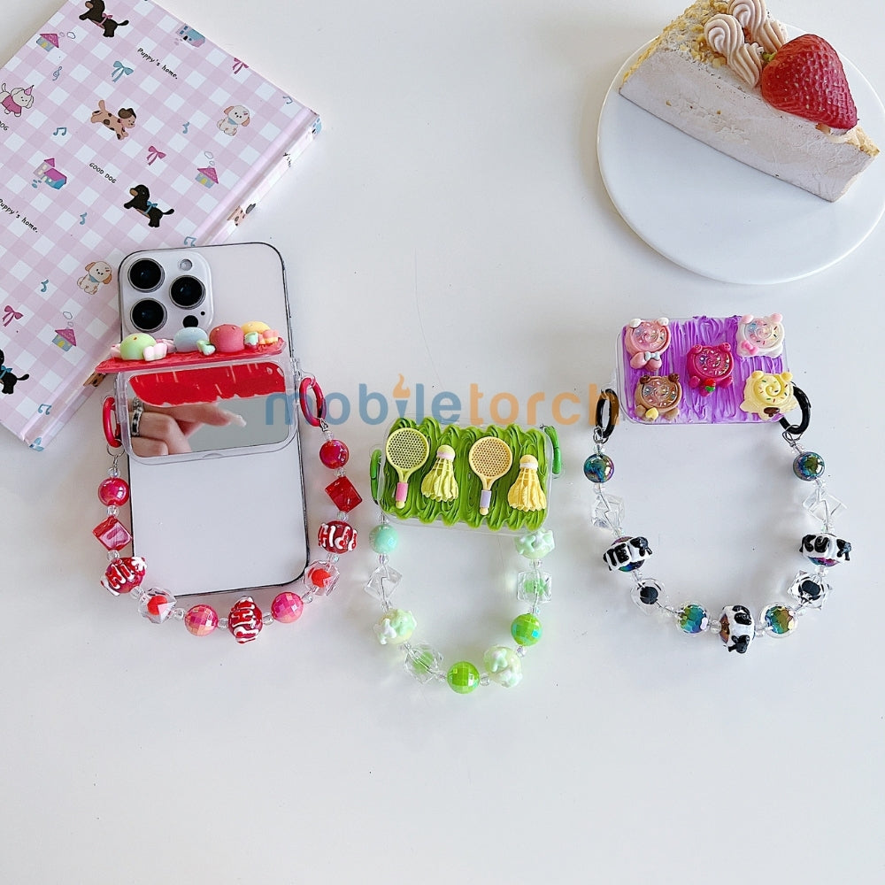 Cute Mini Cartoon Toy Flip Mirror Universal Stand with Crystal Bracelet