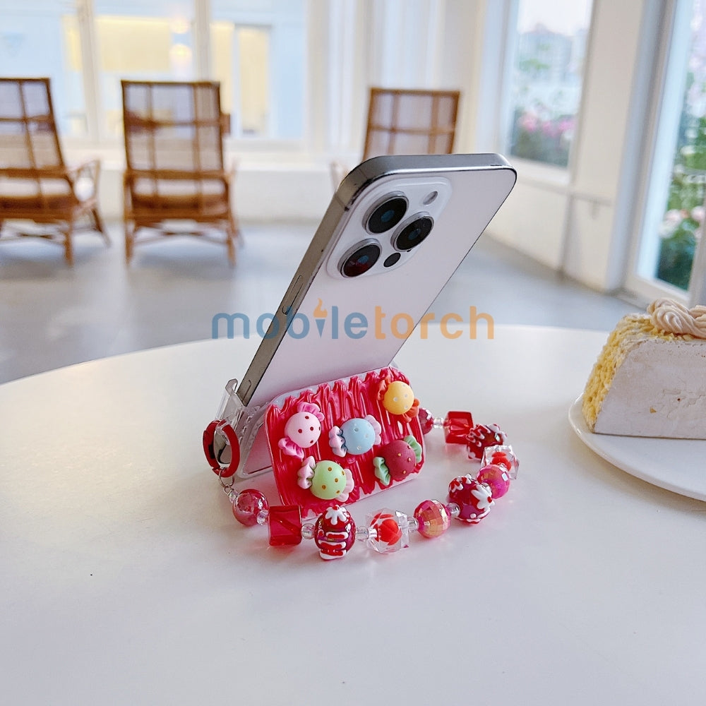 Cute Mini Cartoon Toy Flip Mirror Universal Stand with Crystal Bracelet