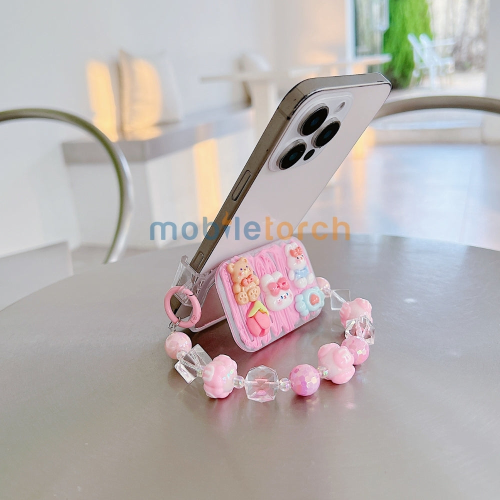 Cute Mini Cartoon Toy Flip Mirror Universal Stand with Crystal Bracelet