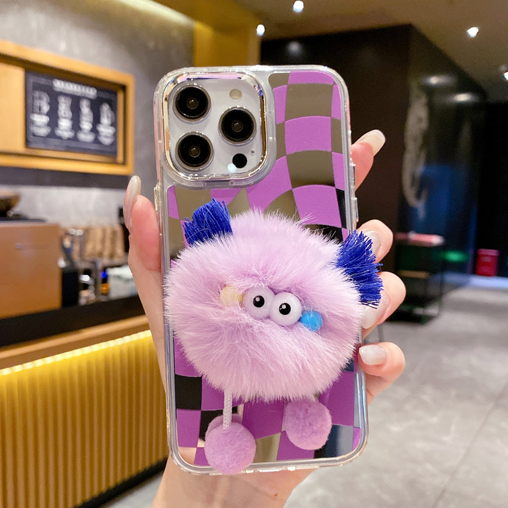 Graphic Mirror Fluffy Pom Pom Ball Stand TPU (Soft) Phone Case - iPhone 15 Pro Max