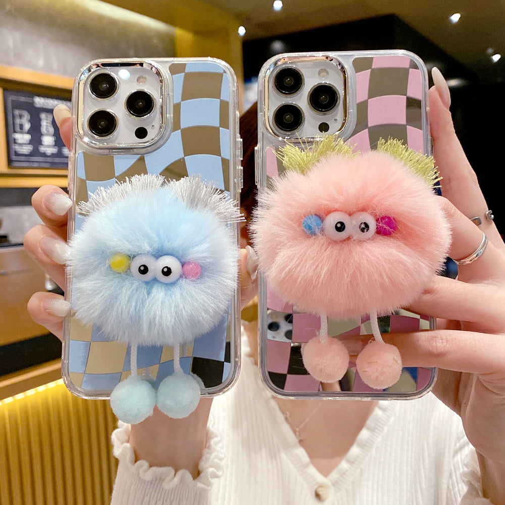 Graphic Mirror Fluffy Pom Pom Ball Stand TPU (Soft) Phone Case - iPhone 15 Pro Max