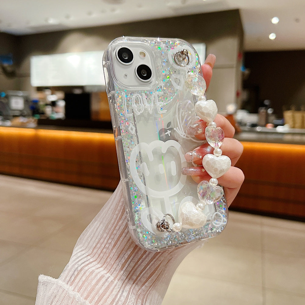 Glittery Printed Clear TPU (Soft) Phone Case with Heart Chain Bracelete - iPhone 12