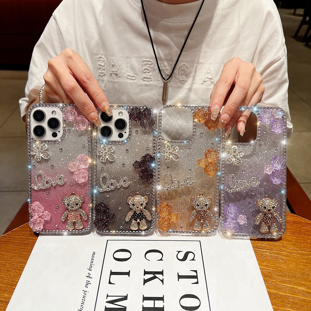 Glitter Paper Diamond Flower Love Bear Transparent Phone Case