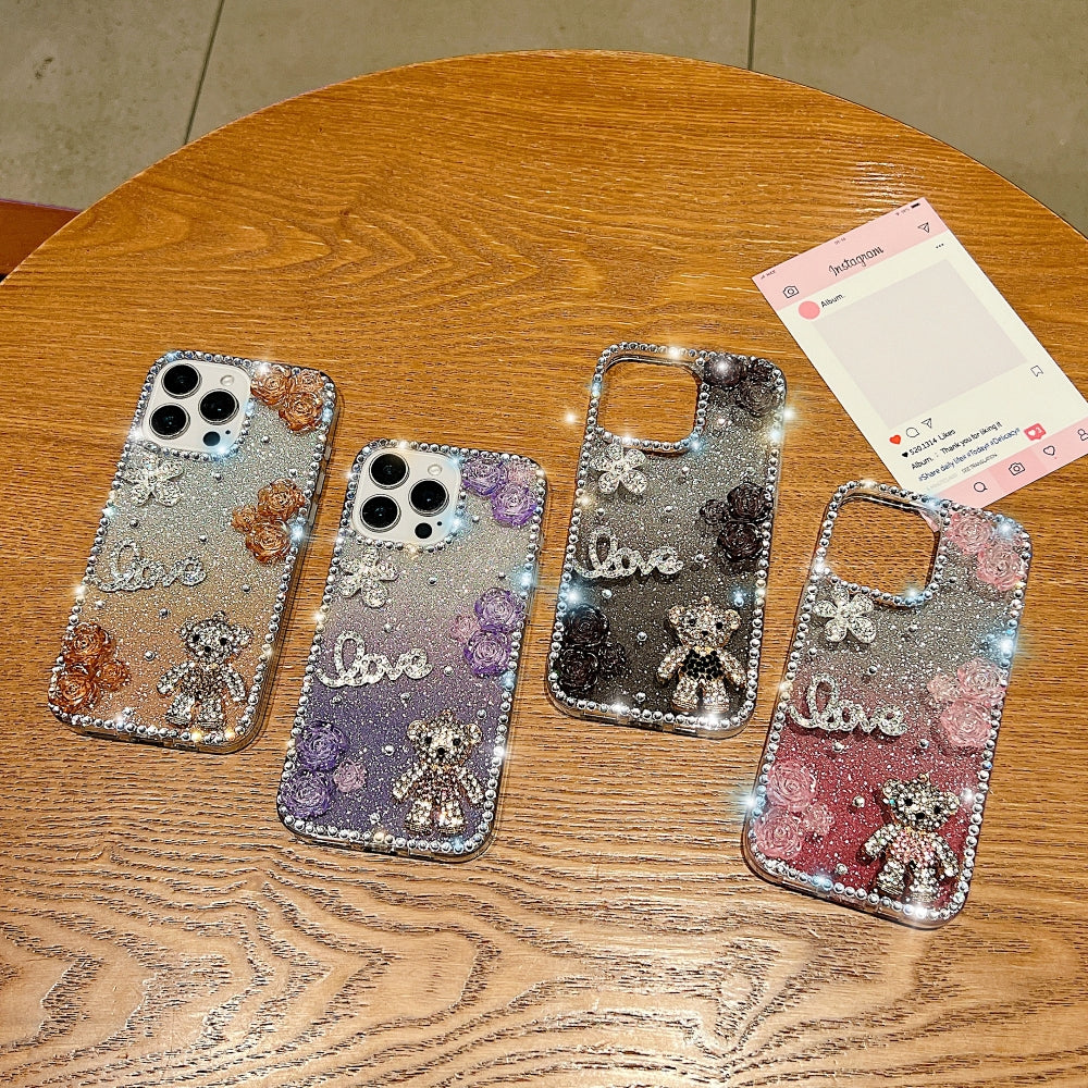 Glitter Paper Diamond Flower Love Bear Transparent Phone Case