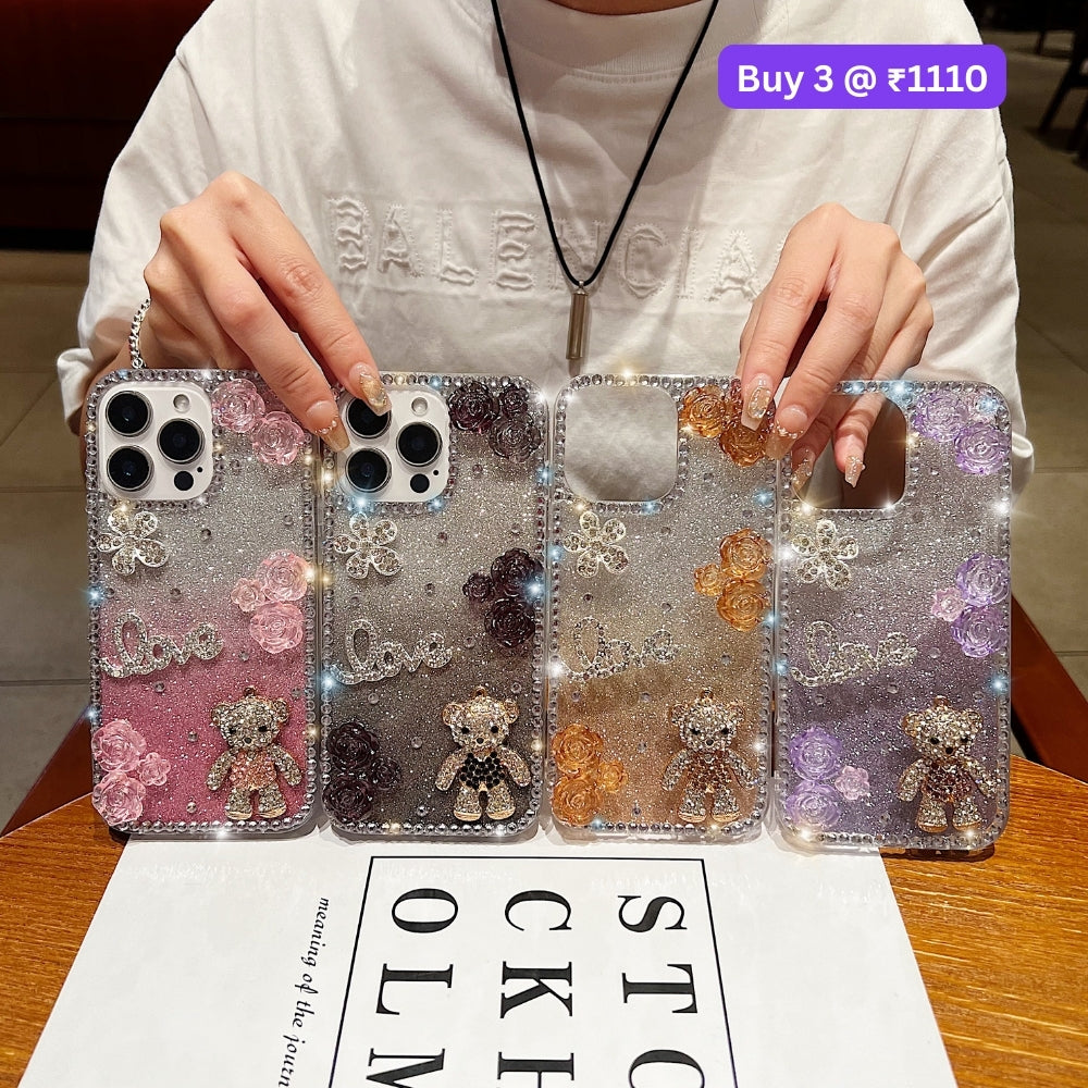 Glitter Paper Diamond Flower Love Bear Transparent TPU (Soft) Phone Case | Mobile Cover - iPhone 16 Pro Max