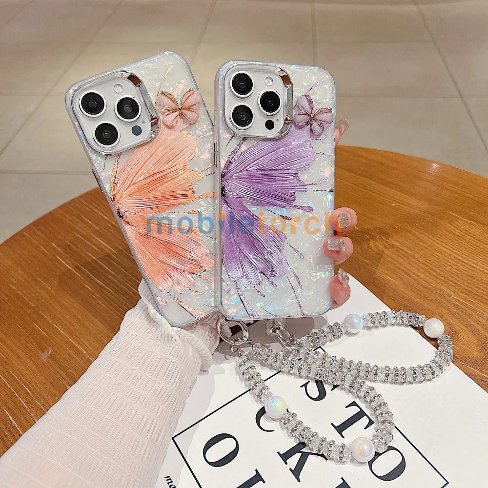 Gradient Butterfly Pattern PC (Hard) Phone Case with Bracelet - iPhone 16