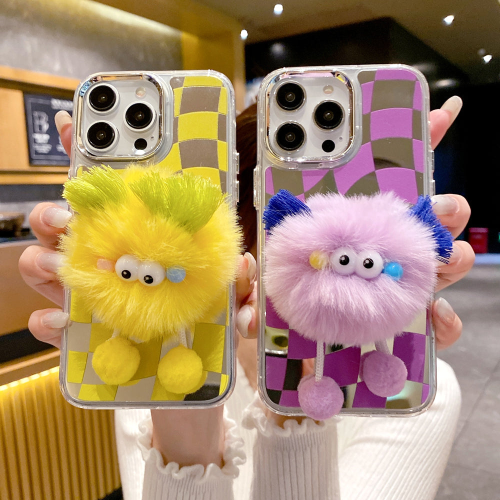 Graphic Mirror Fluffy Pom Pom Ball Stand Phone Case