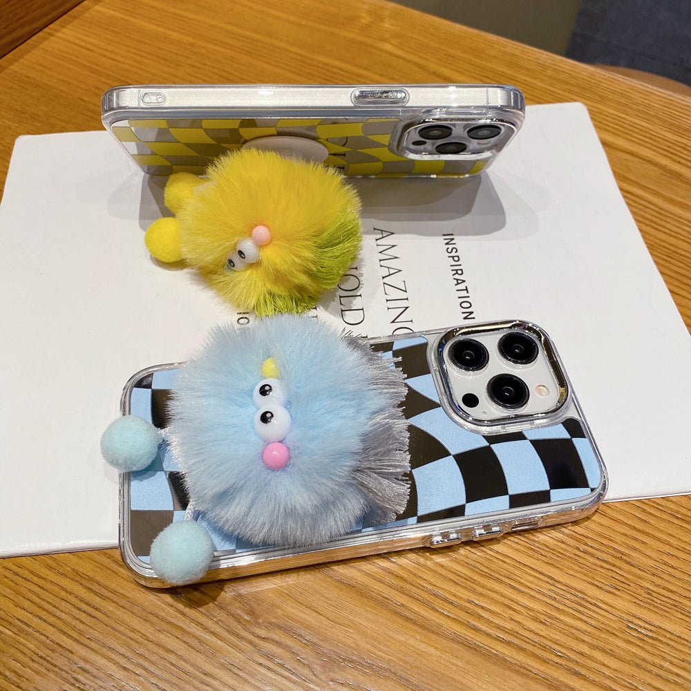 Graphic Mirror Fluffy Pom Pom Ball Stand Phone Case
