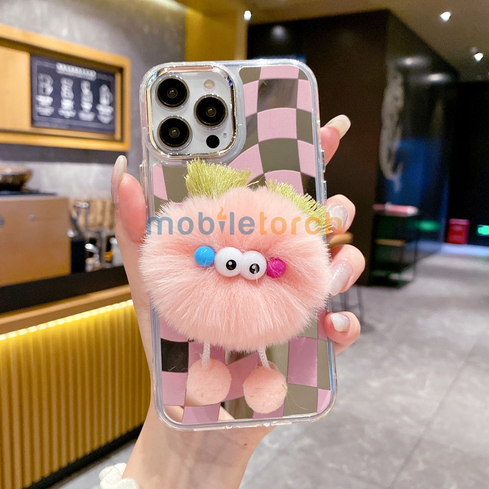 Graphic Mirror Fluffy Pom Pom Ball Stand TPU (Soft) Phone Case - iPhone 12 Pro