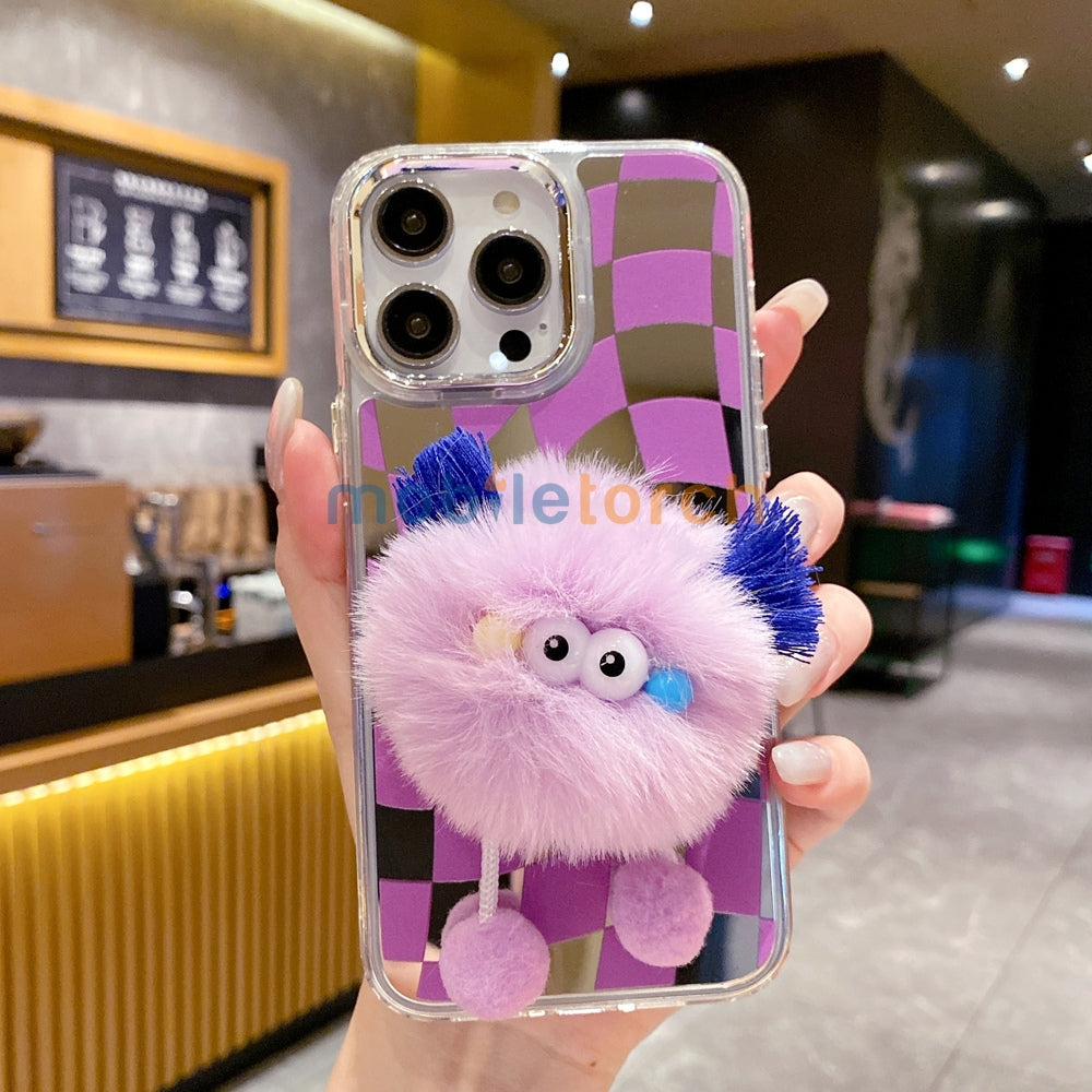 Graphic Mirror Fluffy Pom Pom Ball Stand TPU (Soft) Phone Case - iPhone 12 Pro